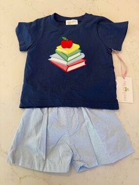 Cecil and Lou Navy Short-Sleeve Tee with Colorful Books & Apple Applique